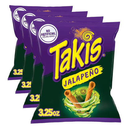 Takis Jalapeno 3.25 oz Snack Size Bag, Pickled Jalapeno Flavored Rolled Tortilla Chips (Pack of 4)