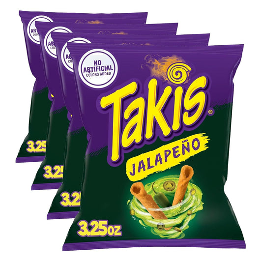 Takis Jalapeno 3.25 oz Snack Size Bag, Pickled Jalapeno Flavored Rolled Tortilla Chips (Pack of 4)