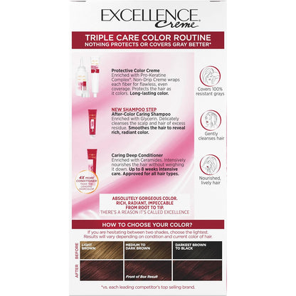 L'Oreal Paris Excellence Crème Permanent Hair Dye, Triple Care Hair Color with Hyaluronic Acid for 100% Gray Coverage, 4RM Dark Mahogany Red, 1 Kit (Packaging May Vary)