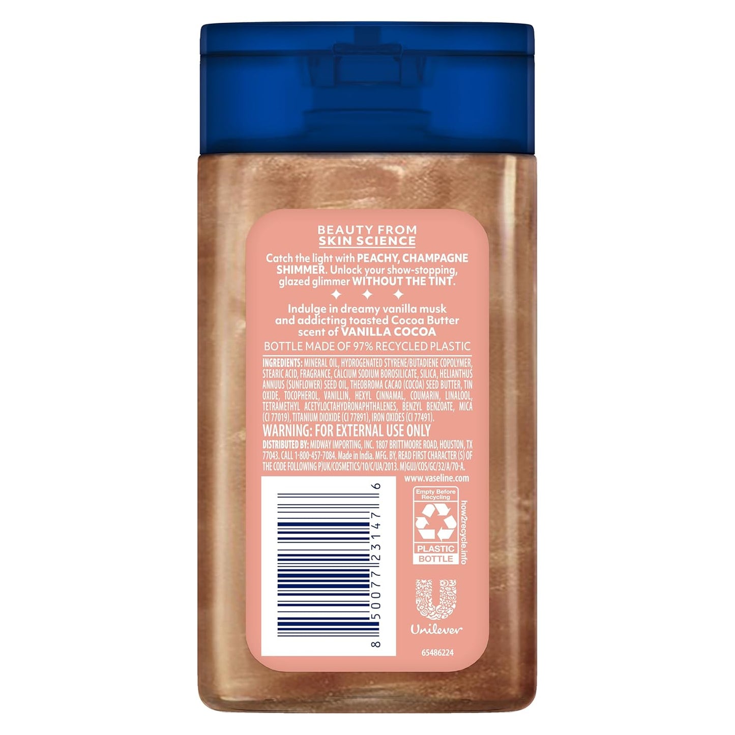 Vaseline Glazed and Glisten Sunlit Glow Body Gel Oil, Ultra-Hydrating Lipids with 100% Pure Cocoa Butter and Shimmering Oil, Vanilla Cocoa Scent, 1.69 Fl Oz, 3 Pack