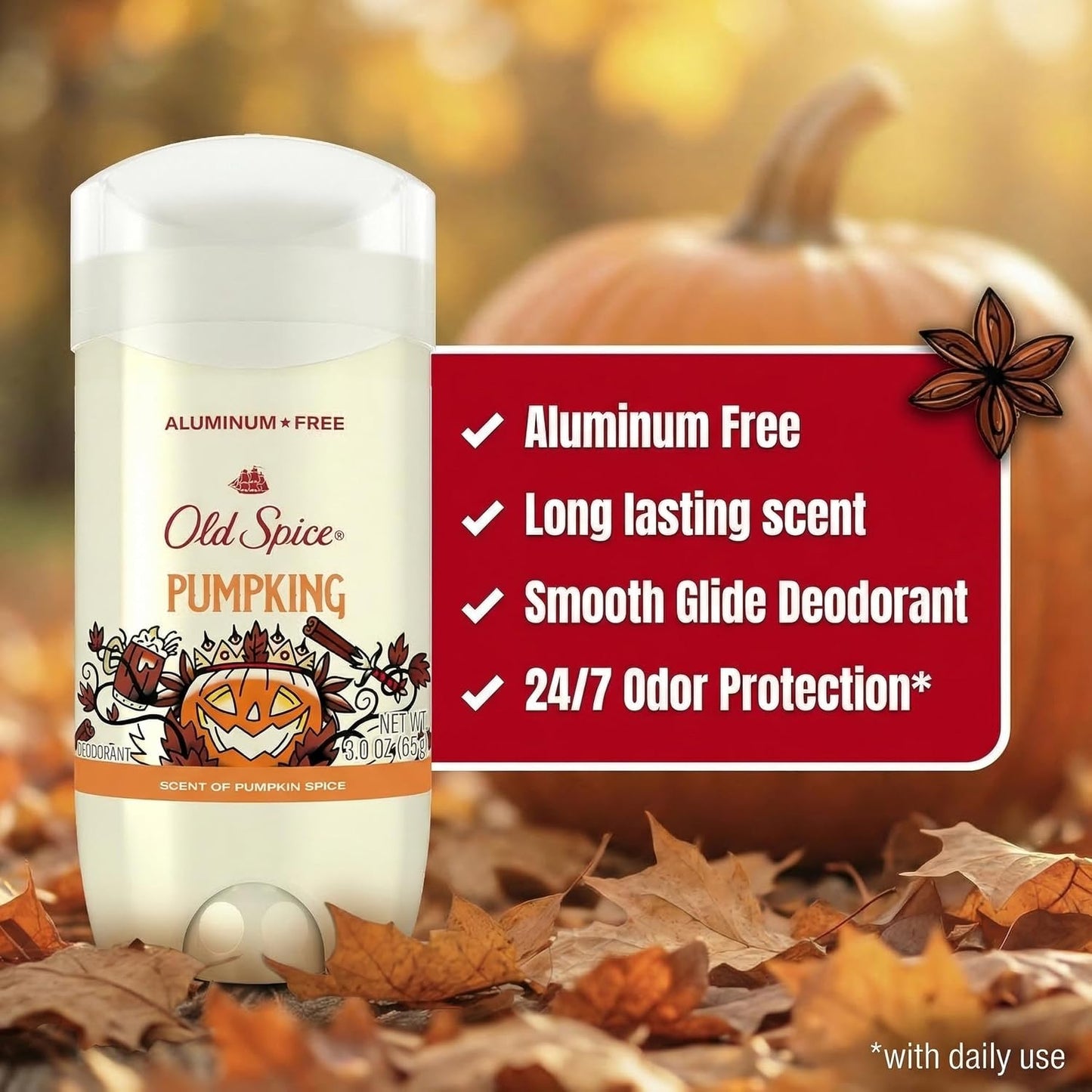 Old Spice Aluminum Free Deodorant for Men, Fallidudes Limited Edition, 24/7 Frightful Freshness and Odor Protection, PumpKing Pumpkin Spice Scent, 3.0 oz