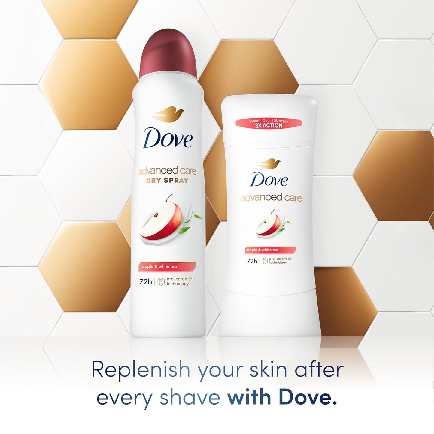 Dove Advanced Care Antiperspirant Deodorant Stick to Help Repair Skin Barrier After Shaving, Apple & White Tea with 72-hour Sweat & Odor Protection, 2.6 oz (Pack of 2)