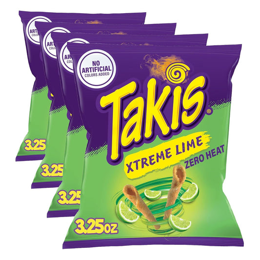 Takis Xtreme Lime 3.25 oz Snack Size Bag, Lime Flavored Rolled Tortilla Chips (Pack of 4)