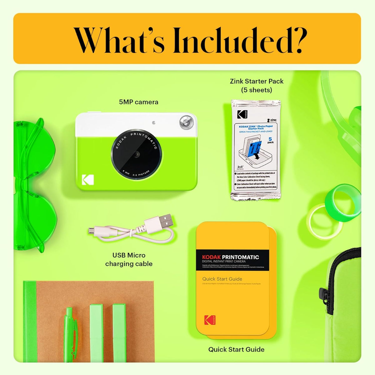 KODAK Printomatic Full-Color Instant Print Digital Camera Colorful Photos On Zink 2x3" Sticky-Back Photo Paper 5MP Gift Bundle: Case + Zink 2x3" 20pk + Album + Stickers + Frames + Markers - Green