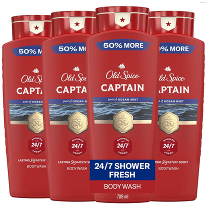 Old Spice Refreshing Body Wash for Men, 3X Defense, 24/7 Shower Fresh with Long Lasting Scent, Red Collection, Captain with Bergamot Scent, 24 oz (Pack of 4)
