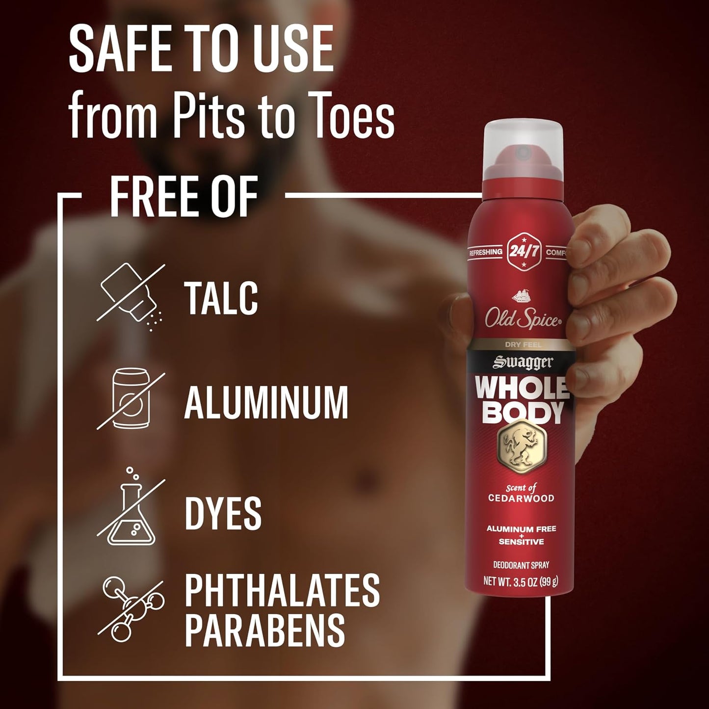 Old Spice Whole Body Deodorant for Men, Swagger, Aluminum Free Spray for 24/7 Freshness, Dermatologist Tested Whole Body Deodorant, 3.5 Ounce
