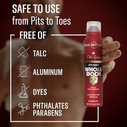 Old Spice Whole Body Deodorant for Men, Swagger, Aluminum Free Spray for 24/7 Freshness, Dermatologist Tested Whole Body Deodorant, 3.5 Ounce