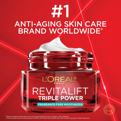 L'Oreal Paris Revitalift Triple Power Anti-Aging Face Moisturizer, Fragrance Free, Pro Retinol, Hyaluronic Acid & Vitamin C to Reduce Wrinkles, Firm & Brighten Skin, 2.55 Oz