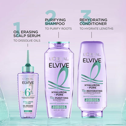 L'Oreal Paris Elvive Hyaluron + Pure Shampoo and Conditioner Set, Clarifying Shampoo and Rehydrating Conditioner with Salicylic Acid and Hyaluronic Acid, 56 Fl Oz Set