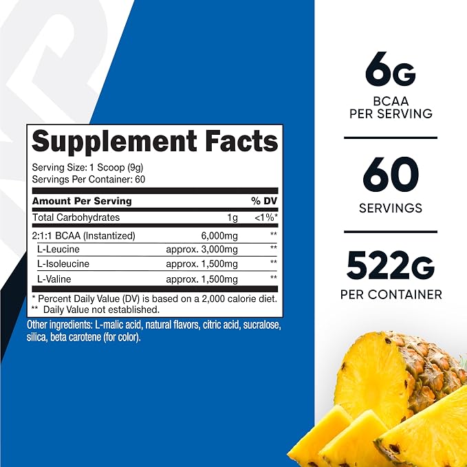 Nutricost BCAA Powder (Pineapple, 60 Servings) - Optimal 2:1:1 Ratio