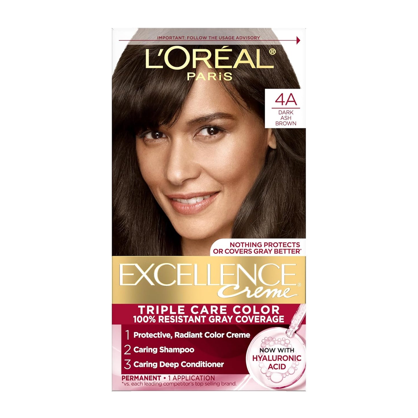 L'Oreal Paris Excellence Crème Permanent Hair Dye, Triple Care Hair Color with Hyaluronic Acid for 100% Gray Coverage, 4A Dark Ash Brown, 1 Kit (Packaging May Vary)