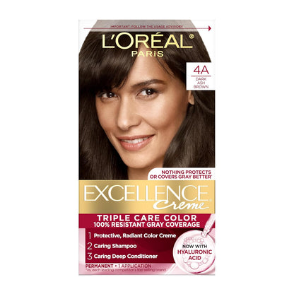 L'Oreal Paris Excellence Crème Permanent Hair Dye, Triple Care Hair Color with Hyaluronic Acid for 100% Gray Coverage, 4A Dark Ash Brown, 1 Kit (Packaging May Vary)