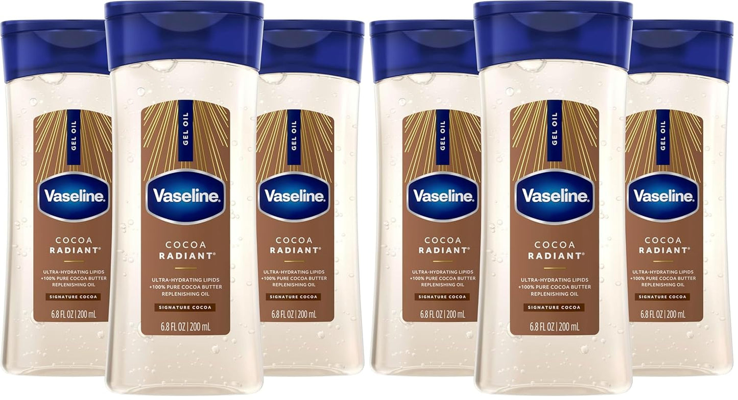 Vaseline Intensive Care Cocoa Radiant Pack of 3 for Glowing Skin Body Gel Oil Made with Pure Cocoa Butter + Replenishing Oils 6.8 oz, (Pack of 6)