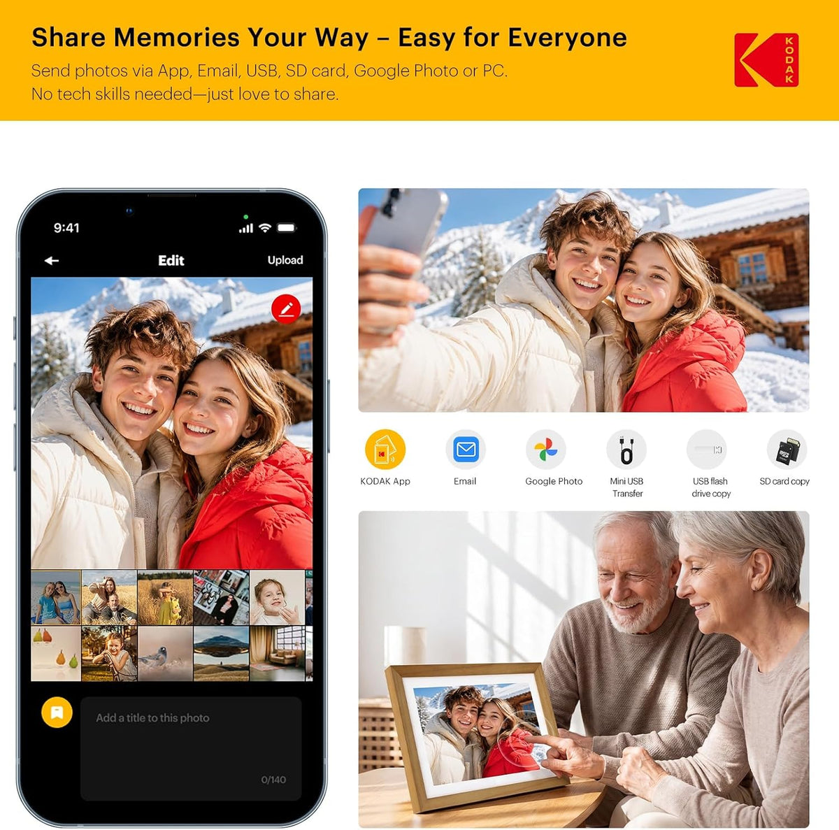 KODAK 10.1" WiFi Digital Picture Frame, Rechargeable Battery, Solid Wood