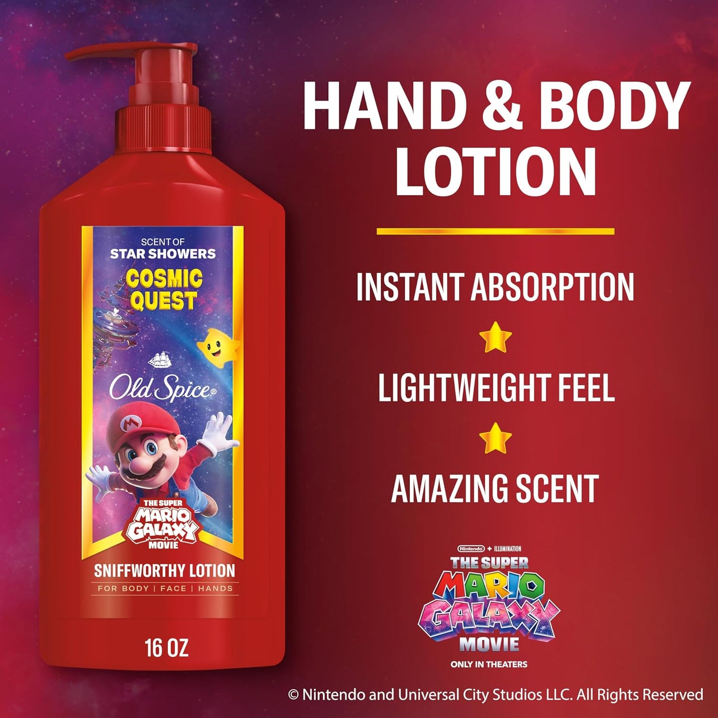 Old Spice Hand and Body Lotion for All Skin Types, x The Super Mario Galaxy Movie, 24/7 Lightweight Moisturization, Smell Super with Cosmic Quest, Scent of Star Showers, 16oz