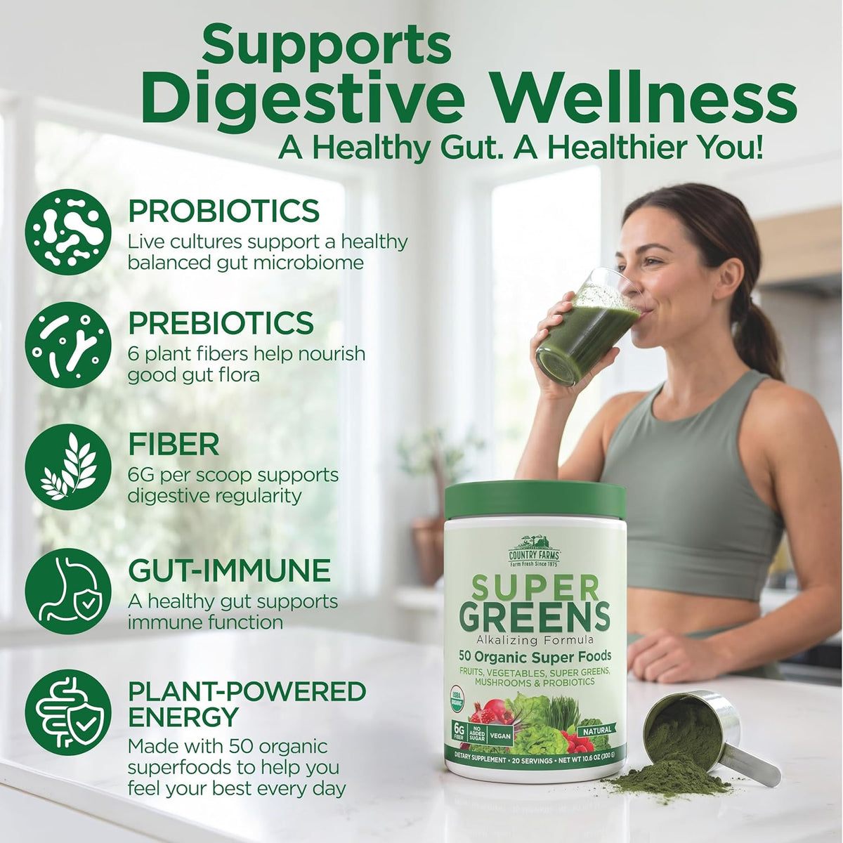 Country Farms Super Greens Natural Flavor, 50 Organic Super Foods, USDA Organic Drink Mix, Fruits, Vegetables, Super Greens, Mushrooms & Probiotics, Supports Energy, 20 Servings, 10.6 Oz