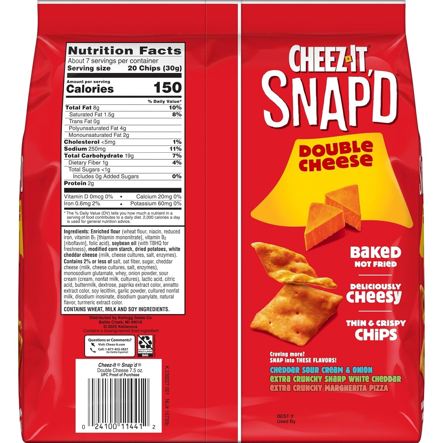 Cheez-It Snap'd Cheese Cracker Chips, Thin Crisps, Lunch Snacks, Double Cheese, 45oz Case (6 Bags)