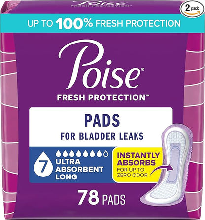 Poise Incontinence & Postpartum Pads for Bladder Leaks, 7 Drop Ultra Absorbency, Long Length, 78 Count, Packaging May Vary
