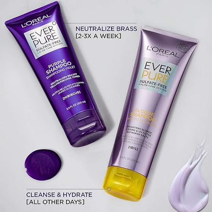 L'Oreal Paris EverPure Blonde Sulfate Free Shampoo for Color-Treated Hair, Neutralizes Brass + Balances, For Blonde Hair, 2 Count (8.5 Fl; Oz each) (Packaging May Vary)