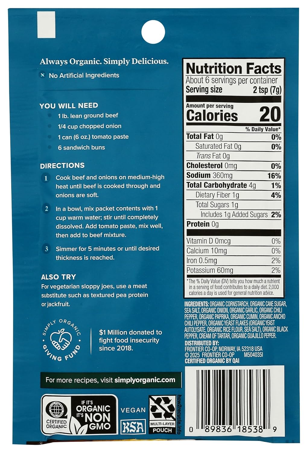 Simply Organic Sloppy Joe, Certified Organic, Kosher, Chili Mixes | 1.41 Ounce (Pack of 1)