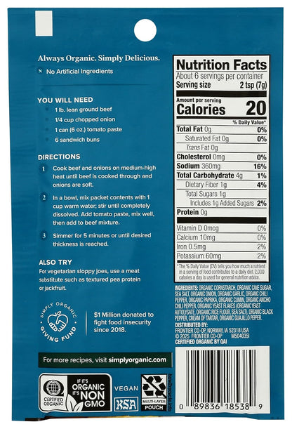 Simply Organic Sloppy Joe, Certified Organic, Kosher, Chili Mixes | 1.41 Ounce (Pack of 1)