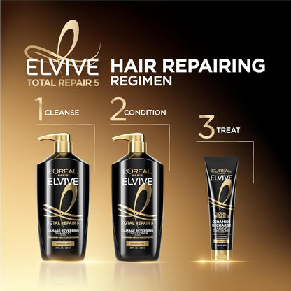 L'Oreal Paris Elvive Total Repair 5 Damage Reversing Shampoo and Conditioner Set for Dry and Damaged Hair, Hair Repair Formula with Protein and Ceramide, 56 Fl Oz Set