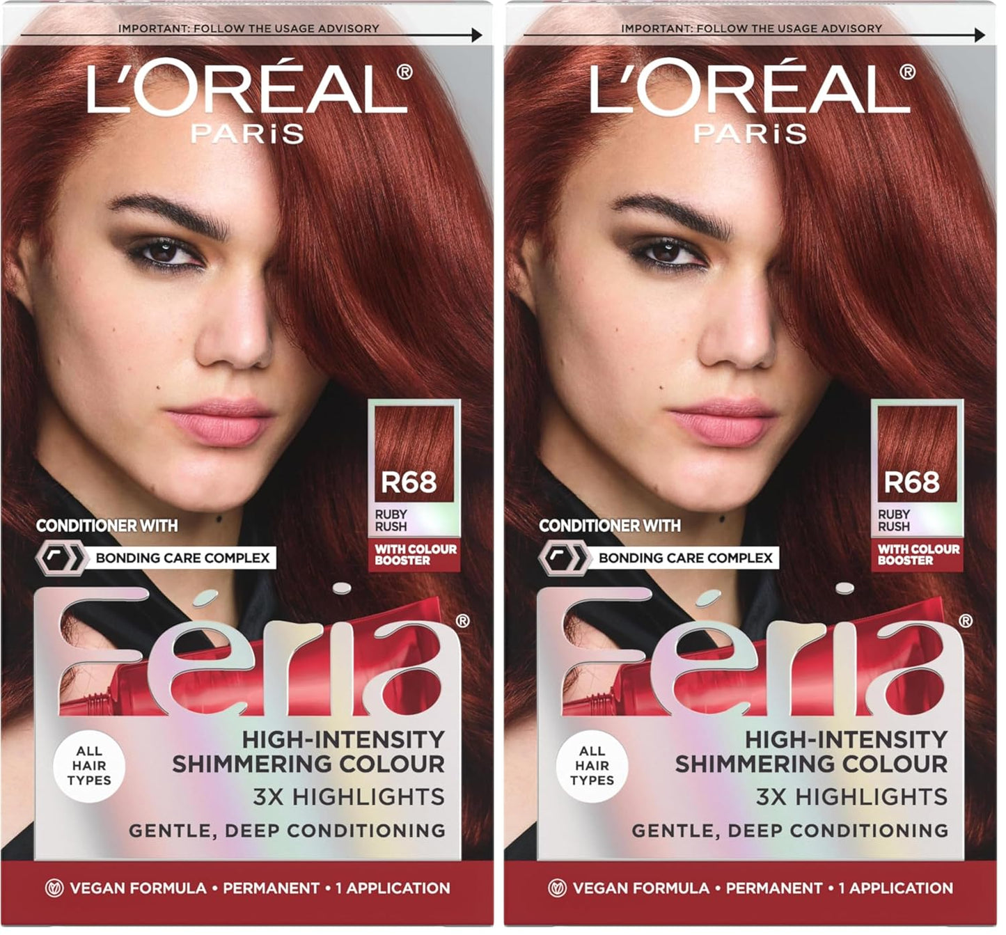 L'Oreal Paris Feria Multi-Faceted Shimmering Permanent Hair Color, R68 Ruby Rush (Rich Auburn True Red), Pack of 2, Hair Dye