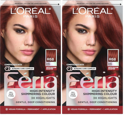 L'Oreal Paris Feria Multi-Faceted Shimmering Permanent Hair Color, R68 Ruby Rush (Rich Auburn True Red), Pack of 2, Hair Dye
