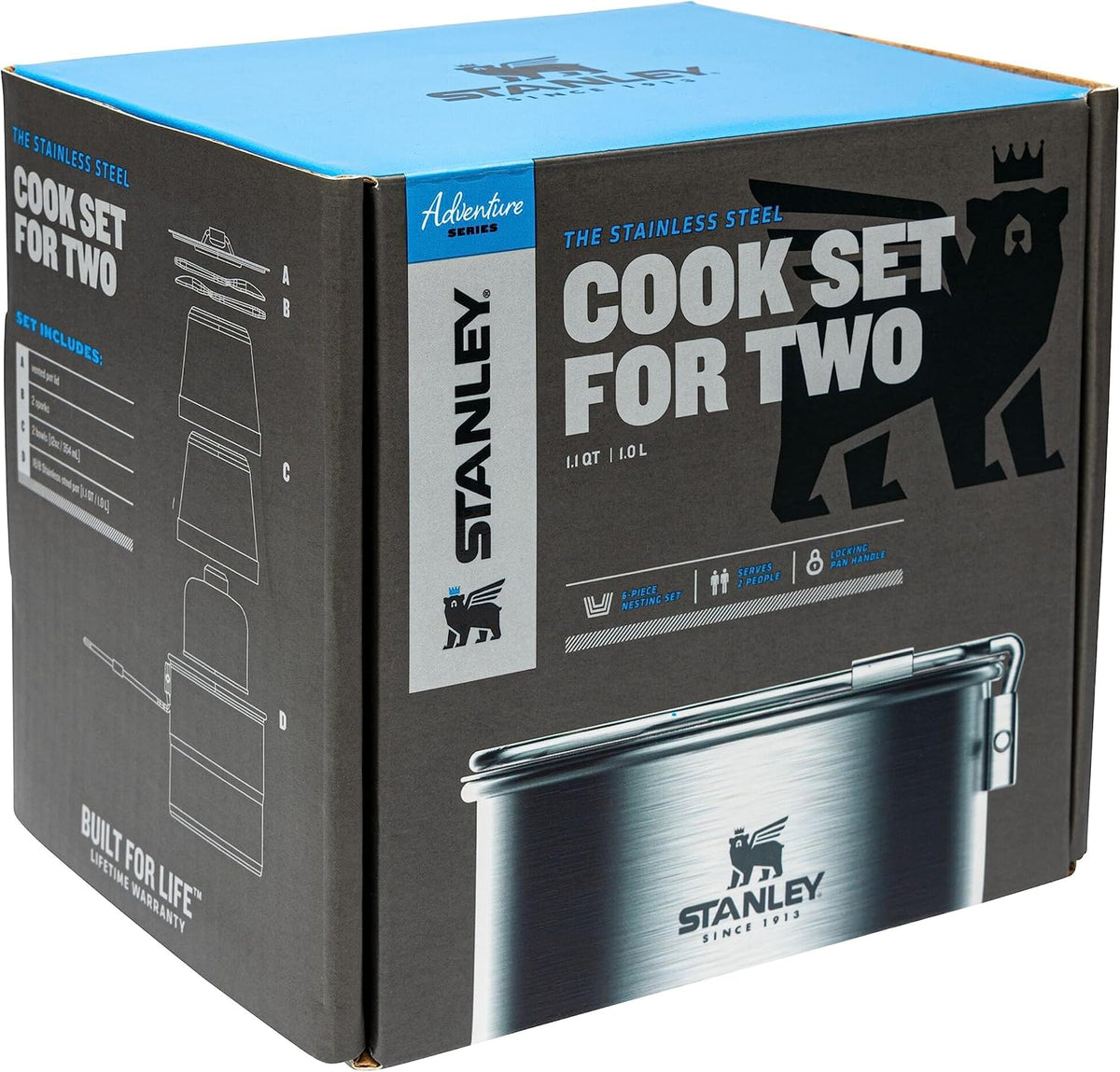 Stanley Adventure Stainless Steel Camping Cooking Set for Two 1.0L / 1.1 QT with Bowls and Sporks - 6 Piece Camp Cook Set - Stainless Steel Pot with Lid - Cookware for Backpacking and Camping