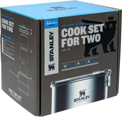 Stanley Adventure Stainless Steel Camping Cooking Set for Two 1.0L / 1.1 QT with Bowls and Sporks - 6 Piece Camp Cook Set - Stainless Steel Pot with Lid - Cookware for Backpacking and Camping