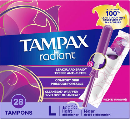 Tampax Radiant Tampons Light Absorbency with BPA-Free Plastic Applicator and LeakGuard Braid, Unscented, 28 Count, Packaging May Vary