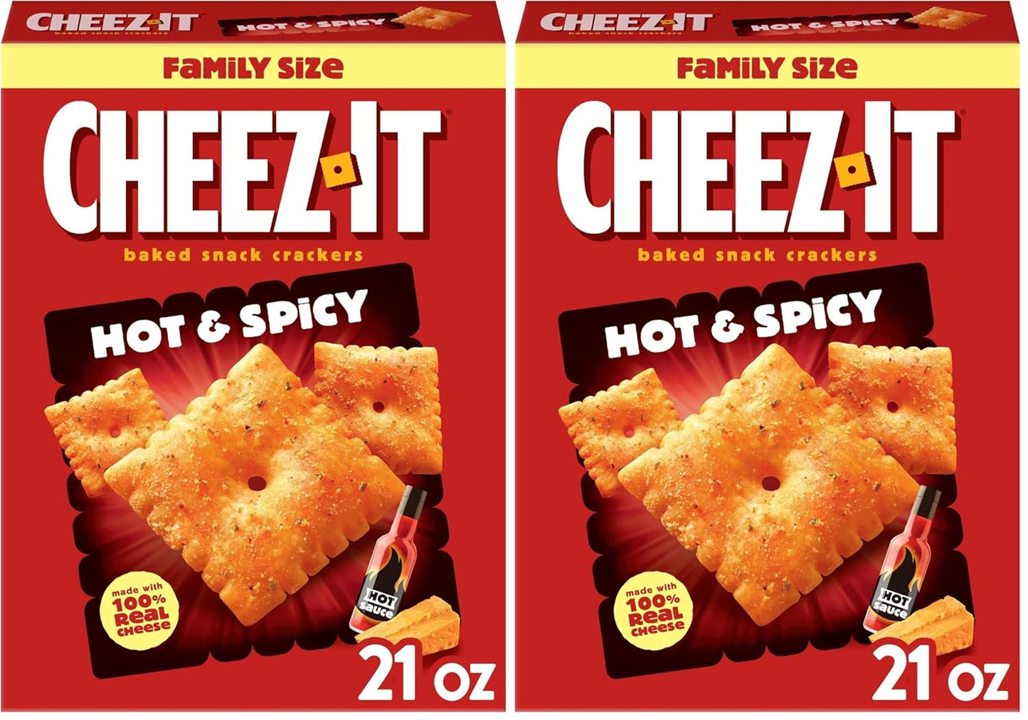 Cheez-It Baked Snack Crackers, Lunch Snacks, Family Size, Hot and Spicy, 21oz Box (1 Box) (Pack of 2)