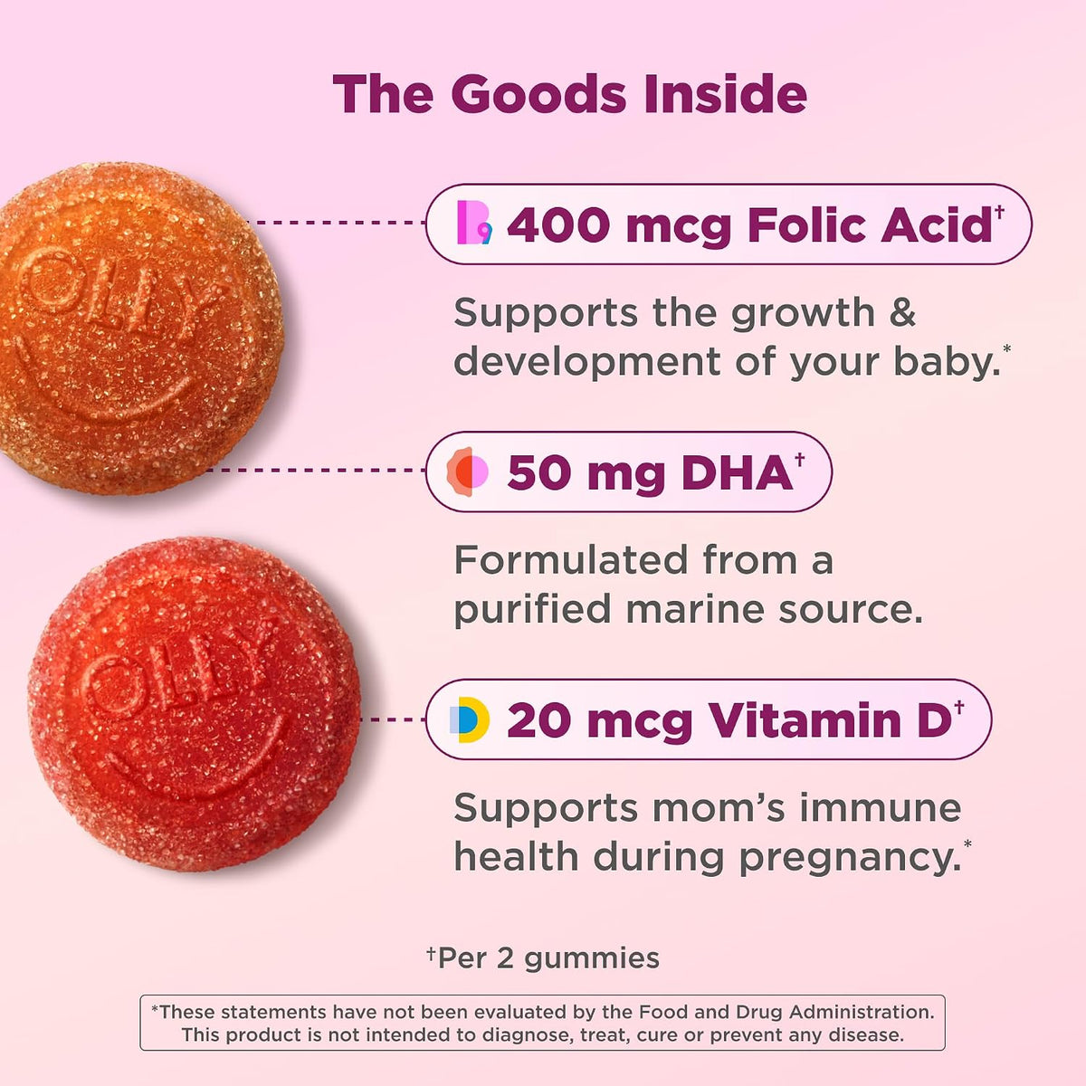 OLLY Prenatal Multivitamin Gummy, Daily Blend for Mommy & Baby - 60 Count