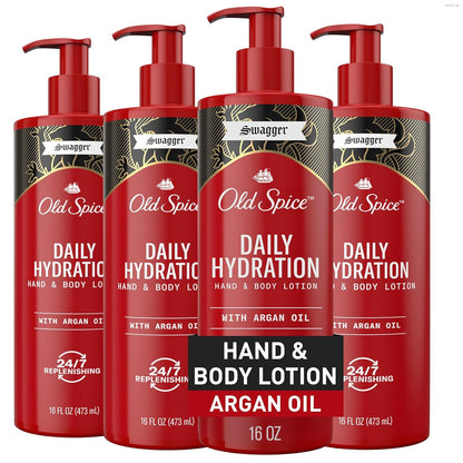 Old Spice Hand & Body Lotion for Men, Daily Hydration, 24/7 Hydration, 24/7 Replenishing Rich Moisture for Dry Skin, Lightweight Formula, Swagger with Argan Oil Scent, 16 fl (Pack of 4)