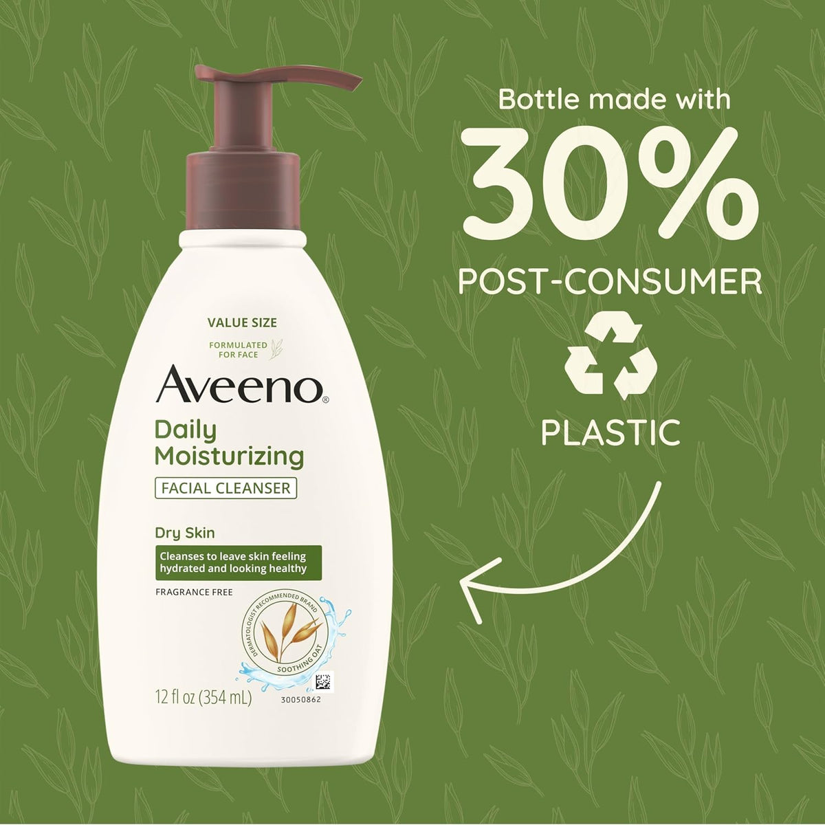 Aveeno Daily Moisturizing Facial Cleanser for Dry Skin,Gentle Face Cleanser with Soothing Oat for Skin that Feels Soft & Supple,Removes Dirt,Oil and Impurities,Fragrance Free,12 FL OZ,(Pack of 2)