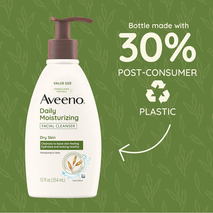 Aveeno Daily Moisturizing Facial Cleanser for Dry Skin,Gentle Face Cleanser with Soothing Oat for Skin that Feels Soft & Supple,Removes Dirt,Oil and Impurities,Fragrance Free,12 FL OZ,(Pack of 2)