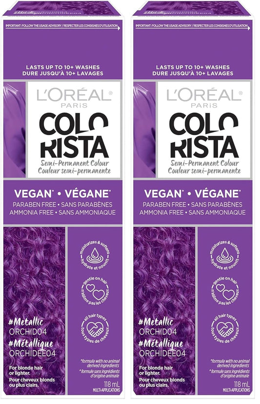 L'Oreal Paris Colorista Metallic Semi Permanent Hair Color for Bleached or Blonde Hair, Color Depositing Hair Mask Formula, Metallic Orchid Purple (Pack of 2)