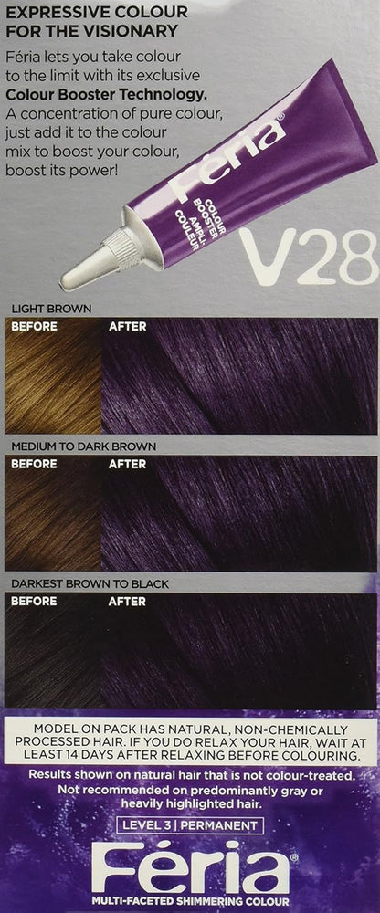 L'Oreal Paris Feria Multi-Faceted Shimmering Permanent Hair Color Hair Dye, V28 Midnight Violet (Deepest Violet) (Pack of 2)