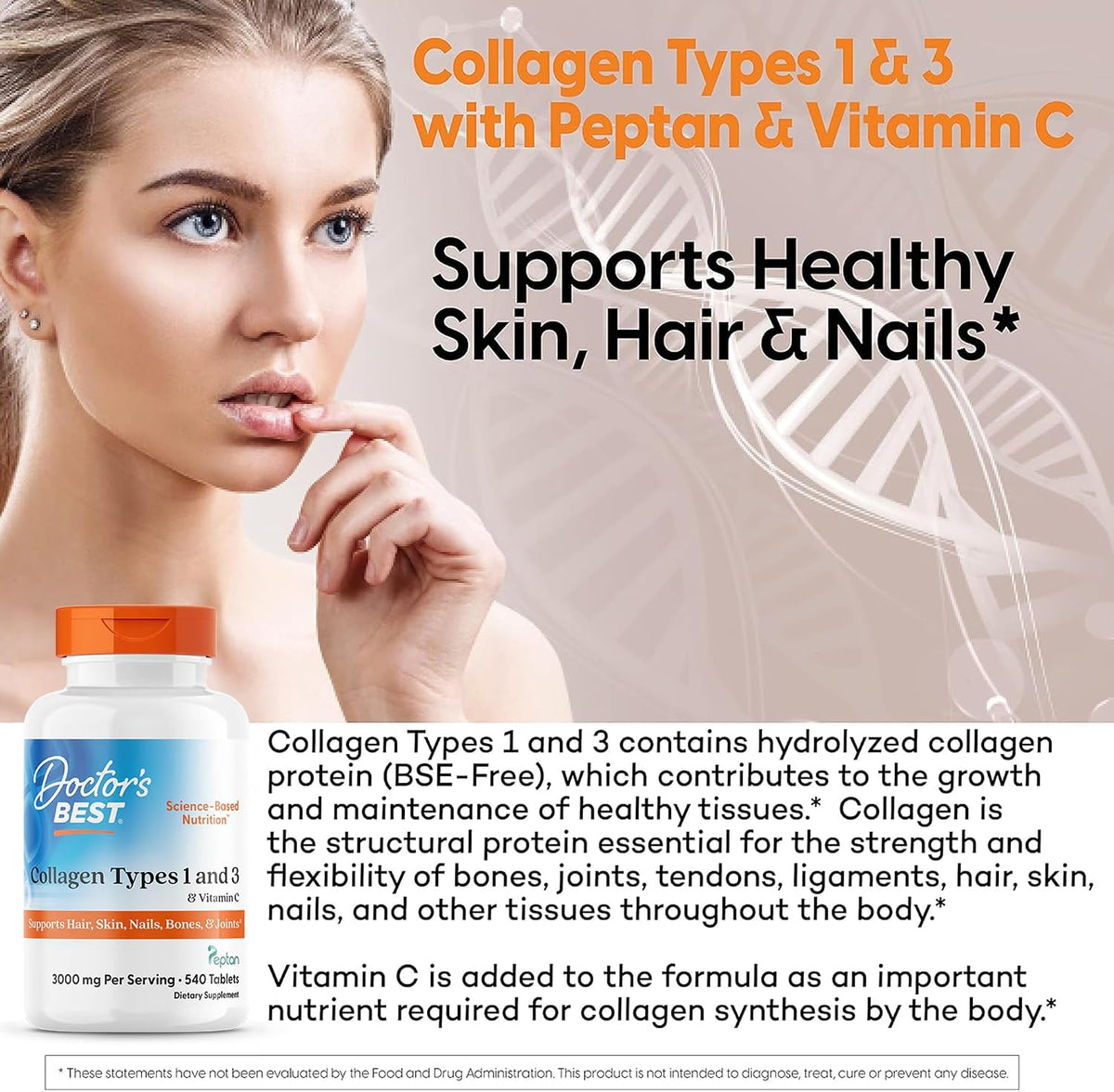 Doctor's BEST Collagen Peptides Types 1 and 3, Non GMO, 540 Tablets