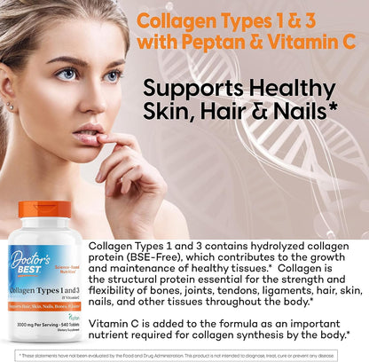 Doctor's BEST Collagen Peptides Types 1 and 3, Non GMO, 540 Tablets