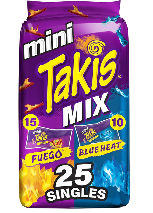 Takis Mini Assorted Variety Pack Rolled Tortilla Chips, 25 Count | (15) Fuego and (10) Blue Heat, Bite Size, 1.23oz Individual Bags for Snacking and Lunchboxes