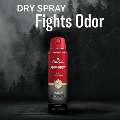 Old Spice Dry Spray Antiperspirant Deodorant for Men, 24/7 Sweat & Odor Protection, 24/7 Sweat Defense & Lasting Freshness, Swagger with Cedarwood Scent, 4.3 oz (Pack of 3)