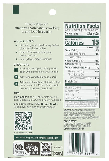 Simply Organic Spicy Chili Seasoning Mix, 1 oz
