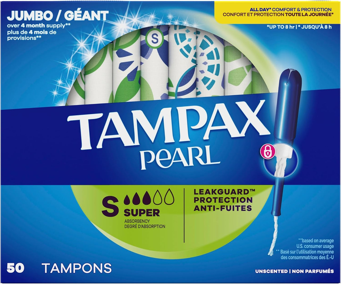 Tampax Pearl Tampons for Women, with LeakGuard Braid, Super Absorbency, Unscented, 50 Count