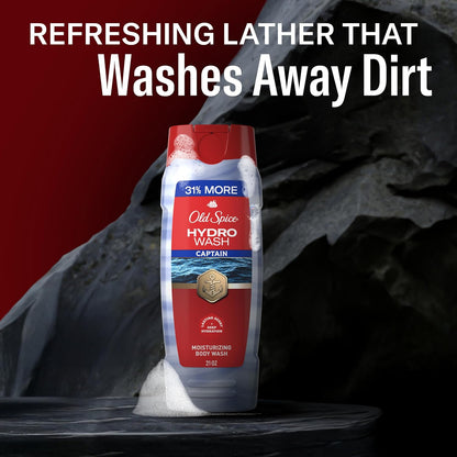 Old Spice Moisturizing Body Wash for Men, Hydro Wash, 2-in-1 Long Lasting Scent & Deep Hydration, 24/7 Shower Fresh, Captain Scent with Ocean Mist & Bergamot, 21 oz (Pack of 4)