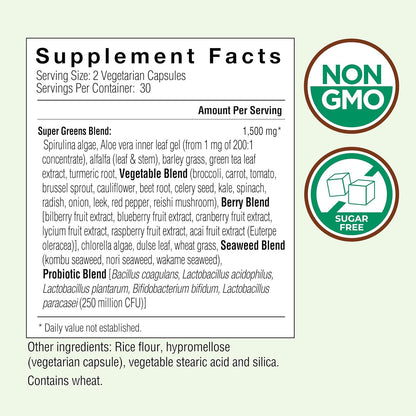 Country Farms Super Greens Vegicaps, 32 Super Foods, Whole Food Supplement, Greens, Fruit, Vegetables, Mushrooms & Probiotics, Rich in Antioxidants & Phytonutrients, 60 Count, 30 Servings