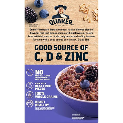 Quaker Immunity Instant Oatmeal, Blueberry Blackberry, Good Source of Vitamins C, D, & Zinc, Whole Grains, No Artificial Flavors, No Colors from Artificial Sources, 1.41 oz Packets, (6 Pack)