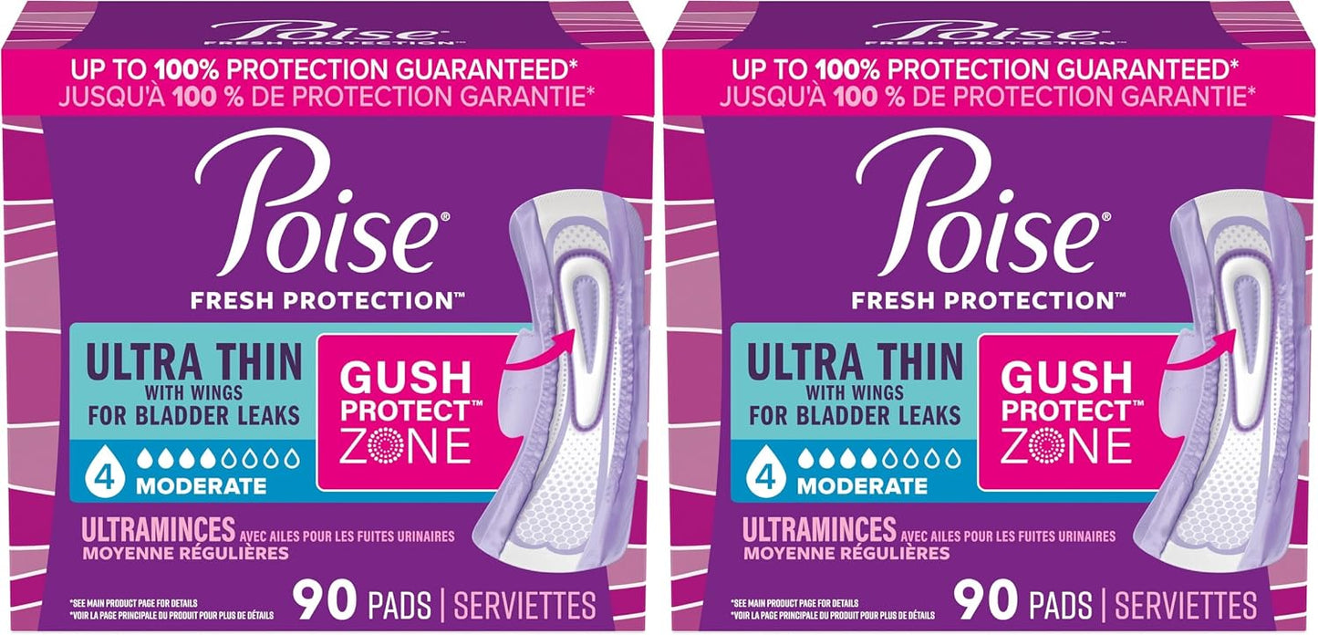Poise Ultra Thin Incontinence & Postpartum Pads with Wings for Bladder Leaks, 4 Drop Moderate Absorbency, Regular Length, Packaging May Vary, 90 Count (Pack of 2)