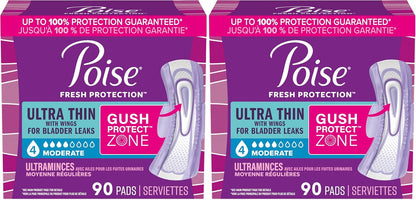 Poise Ultra Thin Incontinence & Postpartum Pads with Wings for Bladder Leaks, 4 Drop Moderate Absorbency, Regular Length, Packaging May Vary, 90 Count (Pack of 2)