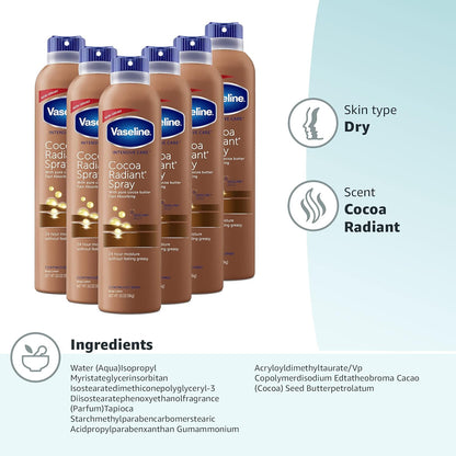 Vaseline Intensive Care Spray Moisturizer For Dry Skin Cocoa Radiant Made With 100% Pure Cocoa Butter 6.5oz (Pack of 6)